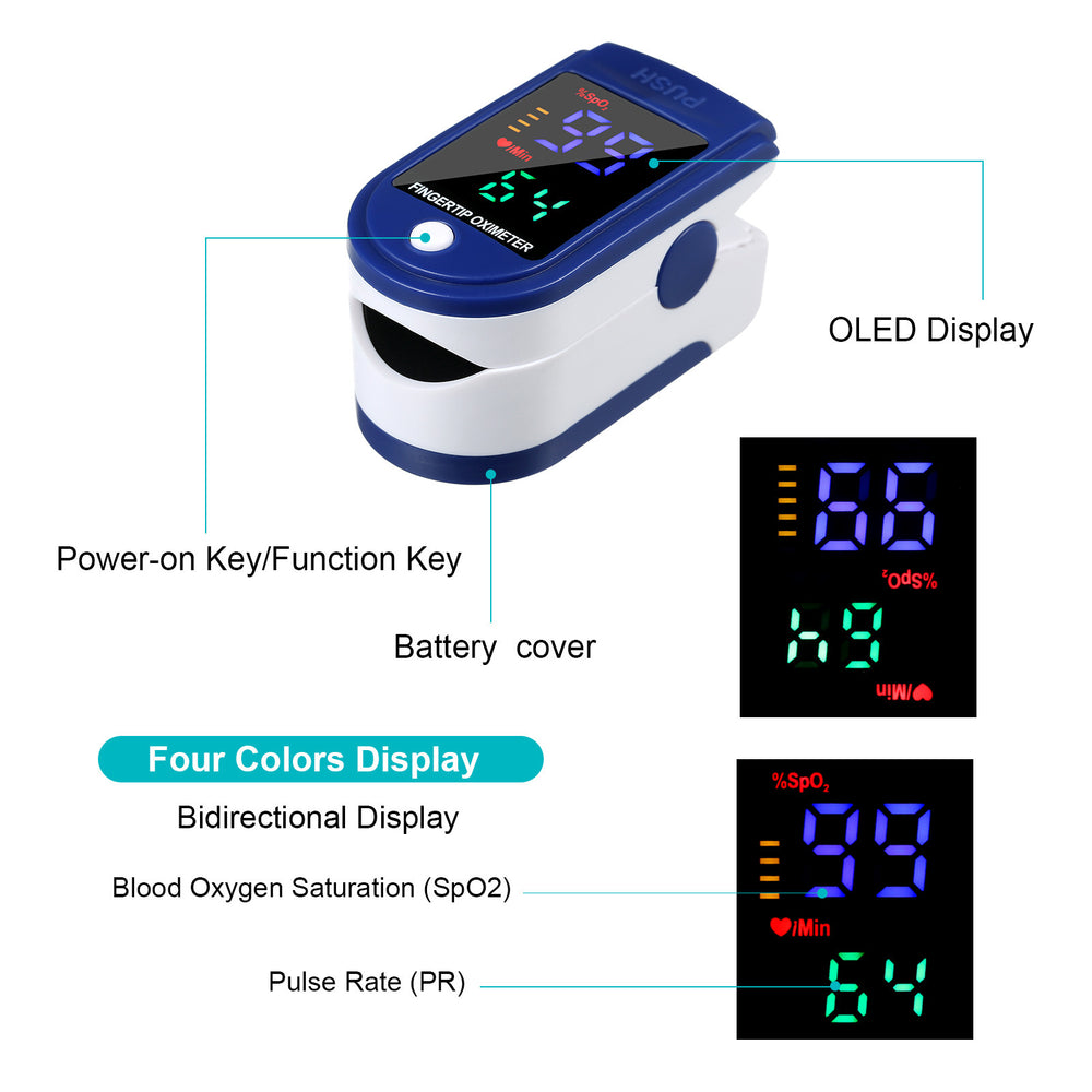 Fingertip Pulse Oximeter - Oxygen Monitor, Saturation, Finger PR - Blue/White